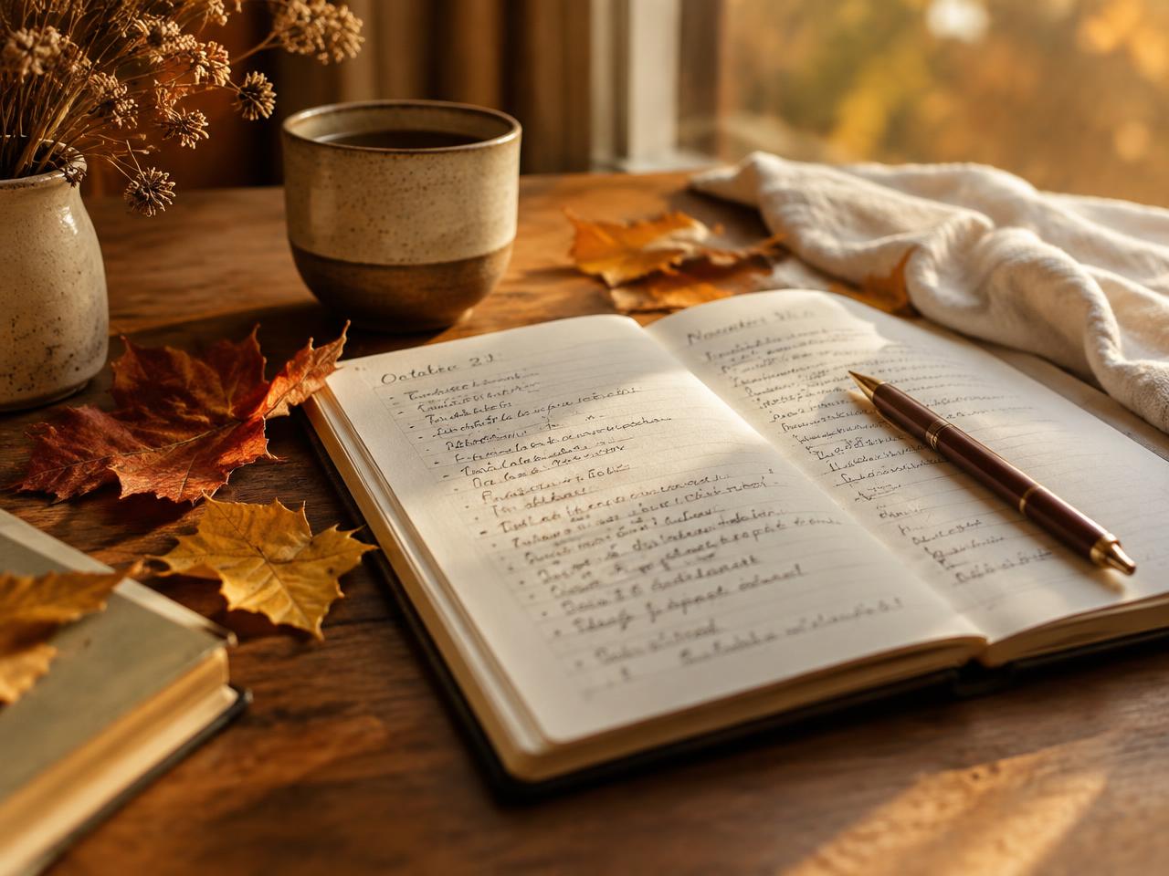An open notebook beside autumn leaves